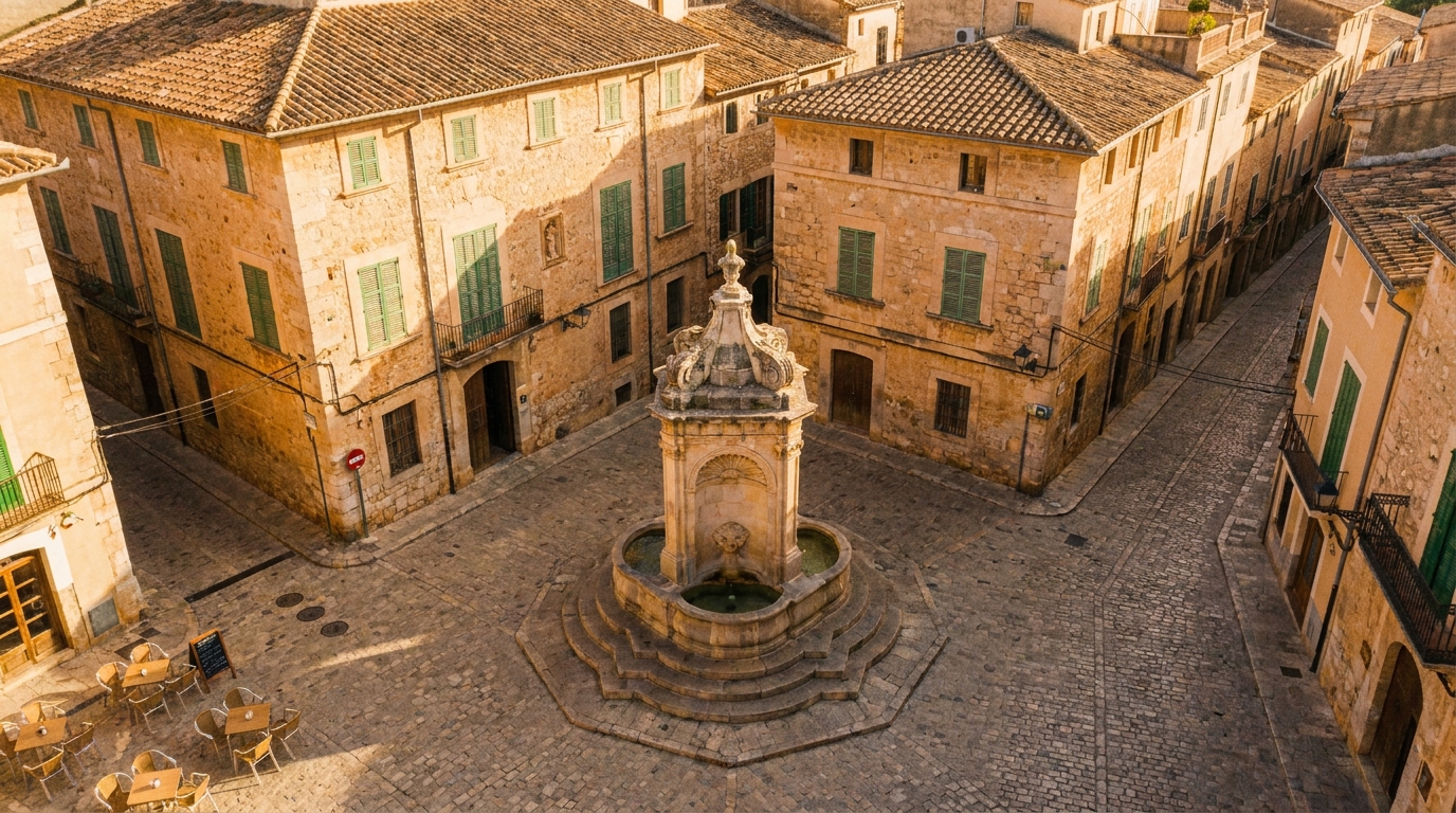 Placa d'un poble catala amb font de pedra i edificis historics