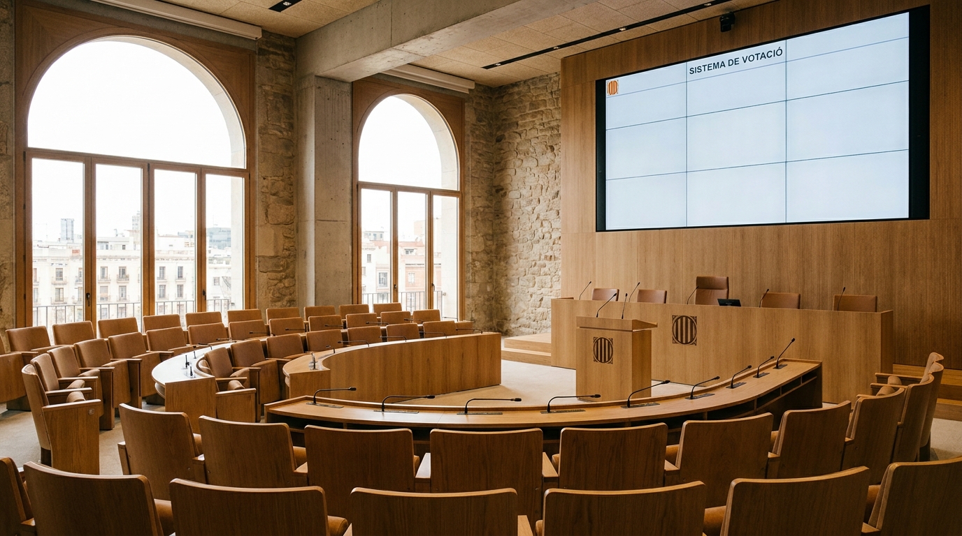 Sala de reunions civica amb cadires en semicercle